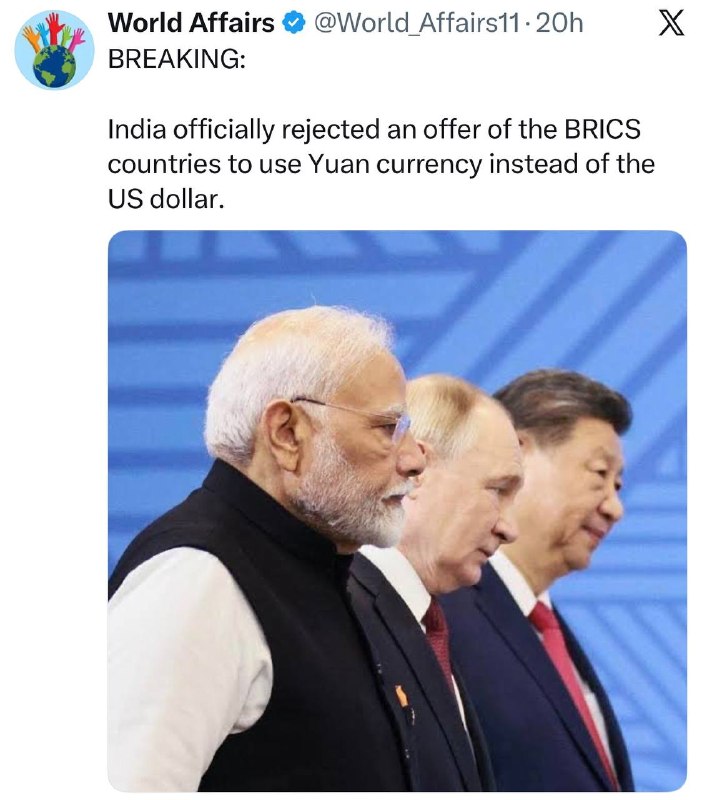 重大外交挫折！莫迪总理当面拒绝了某人关于金砖国家用人民币结算的提议