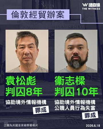 英国法院裁定香港经贸办间谍案 卫志梁监禁十年、袁松彪八年 有港人在法庭外拉起横幅