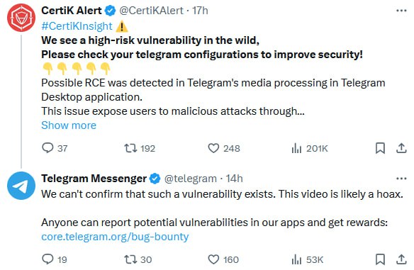 Telegram官方驳斥这一传闻，称这是恶作剧，并声明报告Telegram应用潜在的安全漏洞可获得赏金