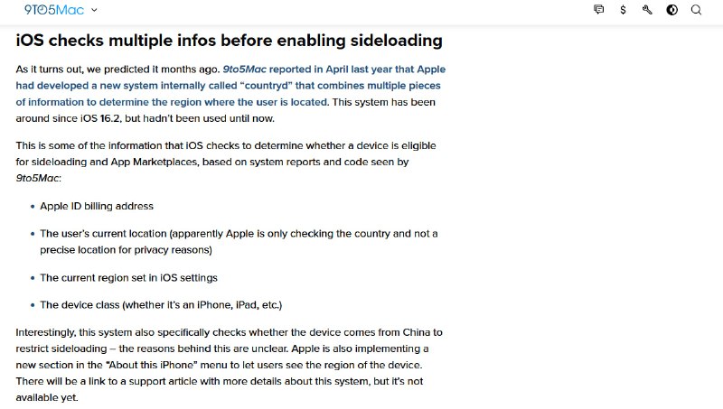 iOS 17.4采用了一些方法判断用户的所在区域，以下是Apple会收集的信息