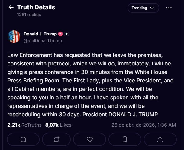 美国总统川普在Truth Social上发表声明