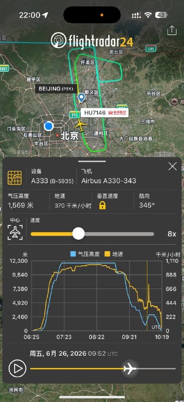 FlightRadar24飞行纪录显示，撞楼飞机在飞行过程中，不知有意无意，对着一架正前往首都机场的落地的A330飞机就过去了，这架A330触发TCAS防碰撞警告，直接最大油门爬升，从原本的800米左右爬升至2400米