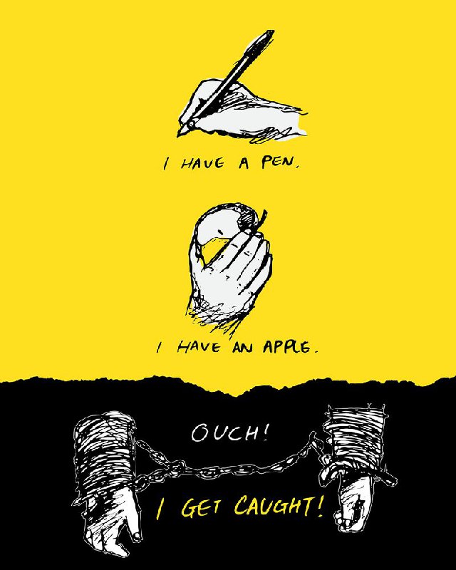 香港平面設計師劉仁顯繪製一幅政治諷喻插圖「I have a pen, I have an apple..」，悼念香港新聞自由的逝去