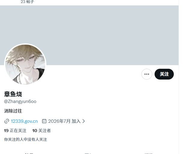 7月17日加入推特7月18日向国家举报机关举报反贼7月19日被警方约谈并被处罚随后更改签名“消除过往”小粉红刚翻墙出来最好祈祷自己别被网警关注到好吗？网警对翻墙出来的中国人只有一个备注