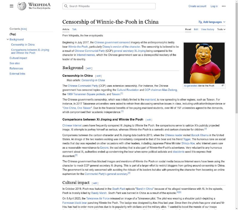 英语维基百科条目 Censorship of Winnie-the-Pooh in China 首次使用AI生成的习维尼图像，用来介绍中国对小熊维尼的审查措施