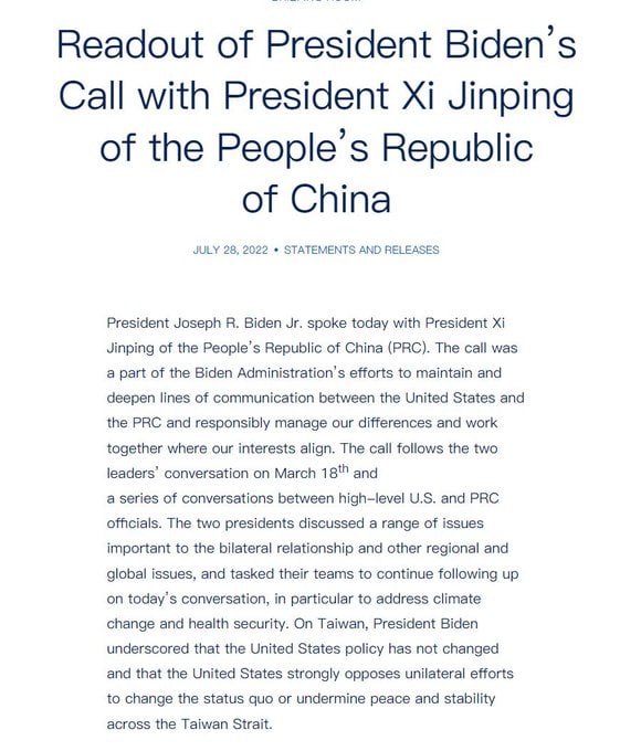 对于台湾问题，拜登强调，美国的政策没有改变，美国强烈反对单方面改变现状或破坏台海和平与稳定的行为