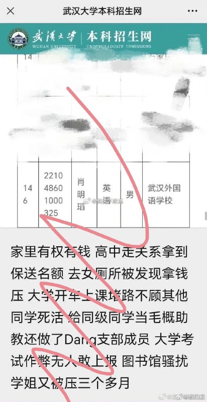 中共国官二代22级肖明瑫（东风董事长肖乐夫的孙子） 在武汉大学图书馆猥亵女生（打飞机） 被曝光，女生因势单力薄 事件搁置三个月并遭受人身威胁