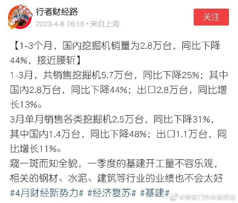 挖掘机卖不动了，说明大基建也搞不动了政府连公务员工资都发不出，哪还有钱去搞基建
