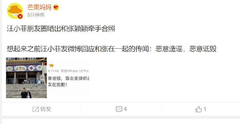 可以发现汪小菲现在 只能有 大V评论了🤡所以小菲他妈到底跟了哪个官爷，要组阁执政居然都没被封杀By