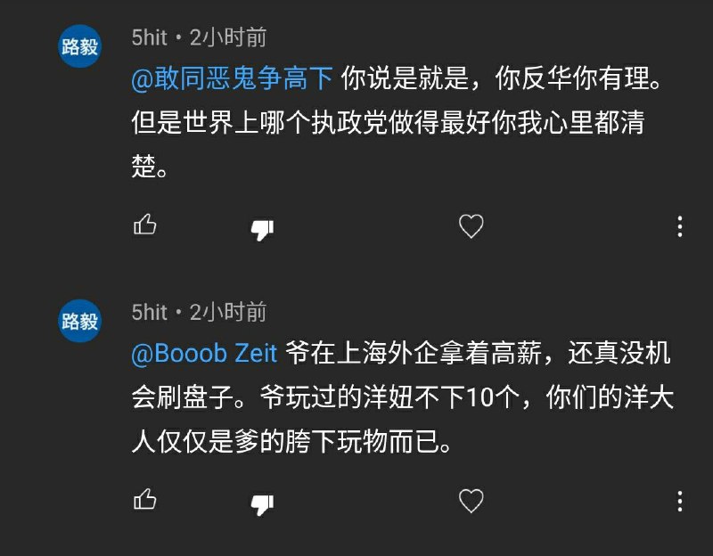 不是？这么爱国为什么要当洋大人的胯下玩物替他们打工，还不以为耻反以为荣？！还有，世界上哪个执政党强迫14亿人说他做得最好你我倒是心里都清楚