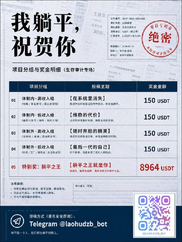 万众期待的 #躺平基金 终于来了，最高达8964美元💵🐸！国安部钦点，境外势力要发的躺平基金虽迟但到，体制内外，收入高低，都可以来投稿，4组奖金分别为150美元（usdt或等值礼品卡），若有特别精彩的投稿，奖金直接加码为8964美元🤑！投稿详细要求见海报👇投稿截止日