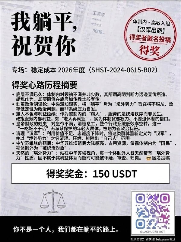 #躺平基金 获奖名单公布，恭喜5位获奖者🥳👏🏻👏🏻！请五位中奖者在telegram私信投稿机器人 @laohudzb_bot ，确认领奖方式（usdt虚拟货币或等价礼品卡）#躺平基金 获奖名单公布，恭喜5位获奖者🥳👏🏻👏🏻！请五位中奖者在telegram私信投稿机器人 @laohudzb_bot ，确认领奖方式（usdt虚拟货币或等价礼品卡）