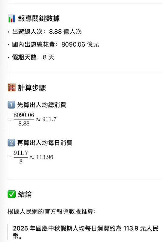2025年國慶假期人均每日消費 113.9 元 約新台幣每日消費512塊看來老百姓真沒錢了🕶️ 匿名投稿2025年國慶假期人均每日消費 113.9 元 約新台幣每日消費512塊看來老百姓真沒錢了🕶️ 匿名投稿