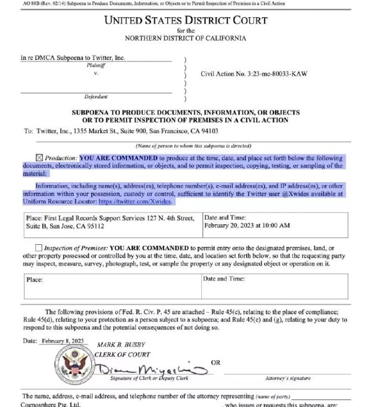 米哈游向Twitter提交来自美国加利福尼亚北区联邦地区法院（N.D. Cal.）的传票，要求披露《原神》游戏内容泄露者的姓名、住址、电子信箱、IP地址