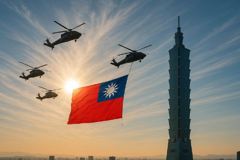 展旗高懸碧漢東，民主輝華伴曙風