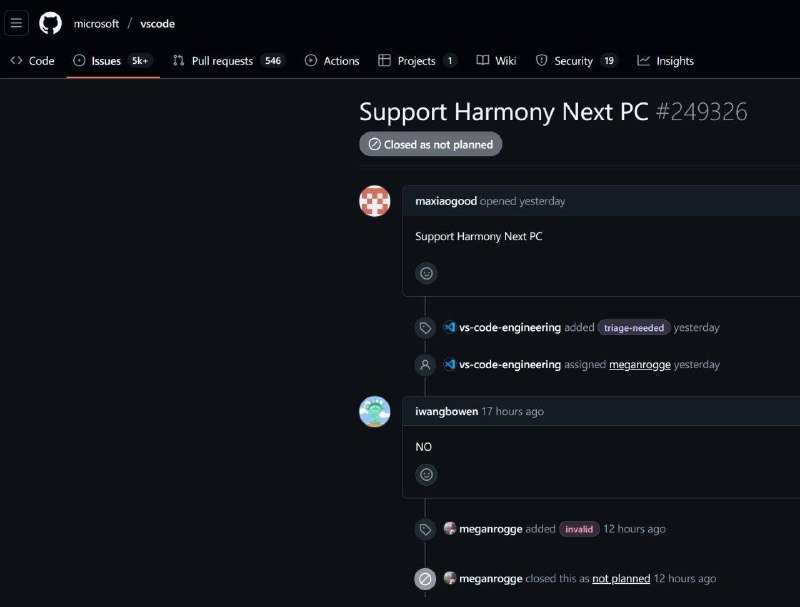 某用户在著名的编程工具Visual Studio Code源代码仓库提议为新发布的鸿蒙Next系统电脑增加平台支持，有其他用户表示不会增加，随后微软公司职员以无效为由关闭此提案